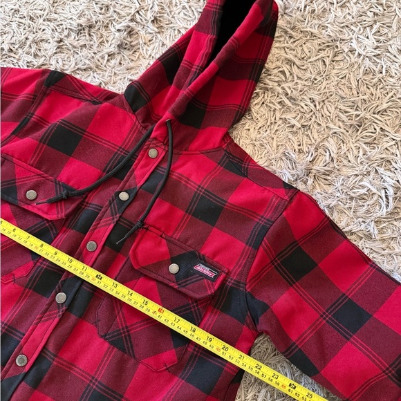 Dickies Fleece Lined Red Buffalo Plaid Hooded Snap Mens Jacket Shacket S 34-36 - Picture 2 of 4